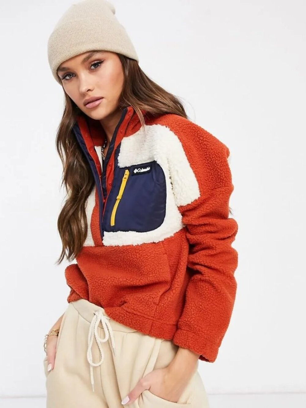 Columbia Women's Orange White Colorblock Lodge Rust Overhead Fleece Pullover L